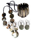 Natural Natural 10 PCS. 35MM ROUND BLACKLIP SHELLS & 1PC. 50MM ROUND BLACKLIP SHELL CENTER ACCENT IN SATIN DOUBLE CORD / 40 IN. W/ SET EARRINGS AND ELASTIC BANGLE Wooden Accessory Shell Products Shell Necklace