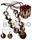 Natural Natural 10 PCS. 35MM ROUND BROWNLIP TIGER SHELLS & 1PC. 50MM ROUND BROWNLIP TIGER SHELL CENTER ACCENT IN SATIN DOUBLE CORD / 40 IN. W/ SET EARRINGS AND ELASTIC BANGLE Wooden Accessory Shell Products Shell Necklace